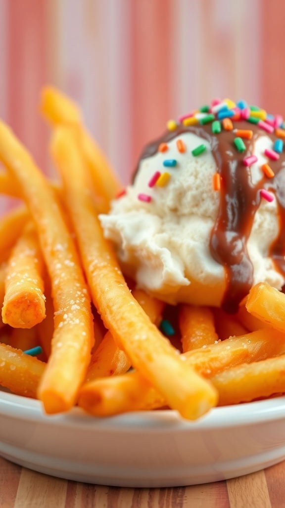 Crispy French fries next to a scoop of colorful ice cream, drizzled with chocolate sauce and topped with sprinkles.